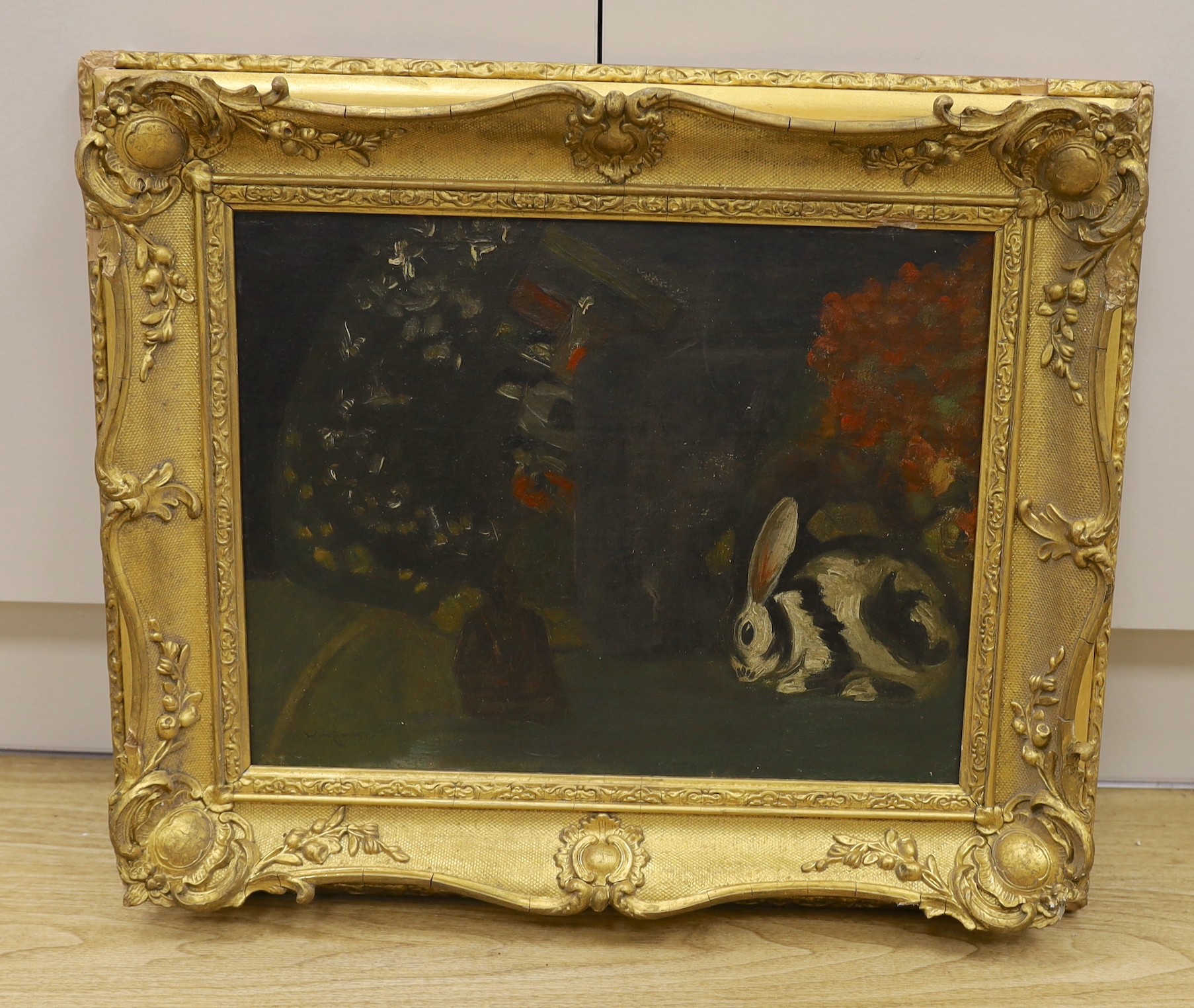 Willem de Zwart (1862-1931), oil on canvas, Still life with black and white rabbit, signed, 35 x 45cm